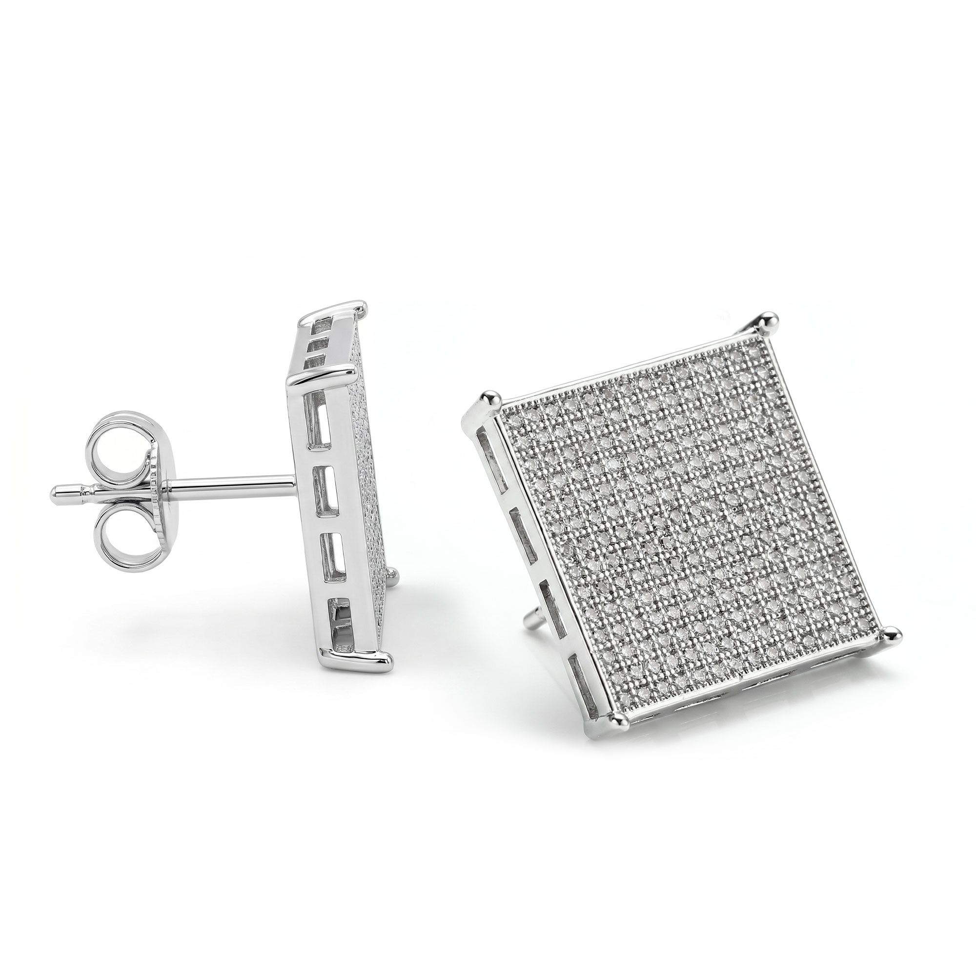 Exaggerated square zircon-plated white gold stud earrings