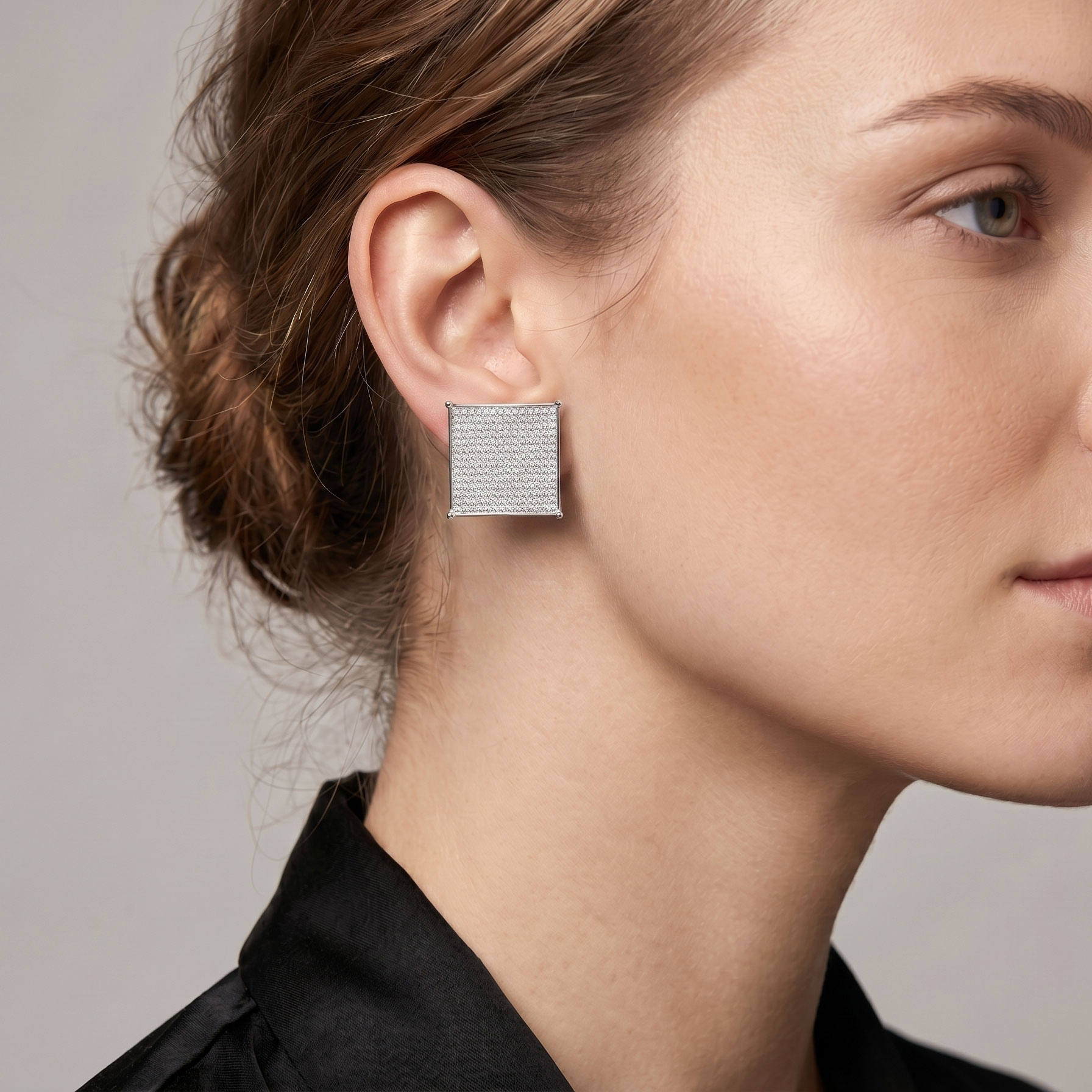 Exaggerated square zircon-plated white gold stud earrings